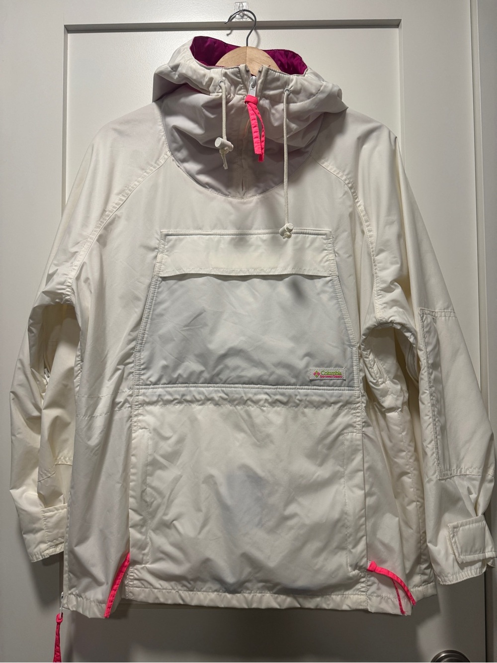 Retro Vintage Columbia Women's White Pullover Anorak Jacket Neon Accents L